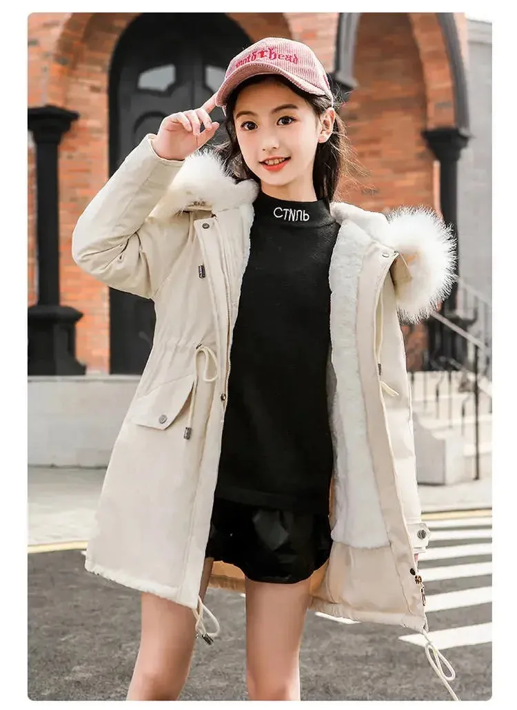 5-14 Years Teen Girls Winter Jacket Plus Velvet Warm Kids Windbreaker Coat For Girls Fur Collar Hooded Parkas Children Outerwear