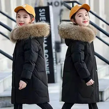 5-14 Years Teen Girls Winter Jacket Plus Velvet Warm Kids Windbreaker Coat For Girls Fur Collar Hooded Parkas Children Outerwear