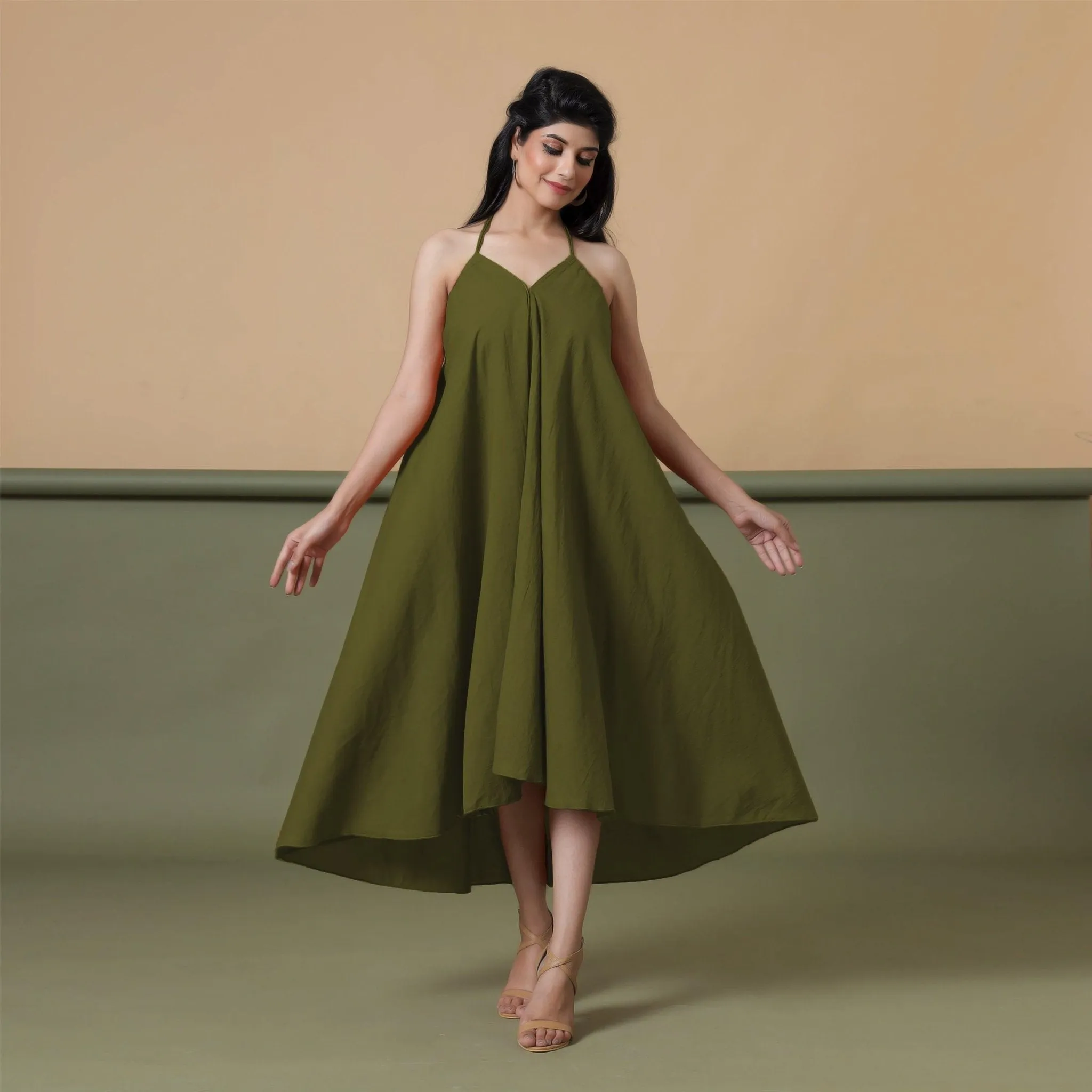 6-Way Convertible Moss Green Tie-Dye Cotton Skirt Dress