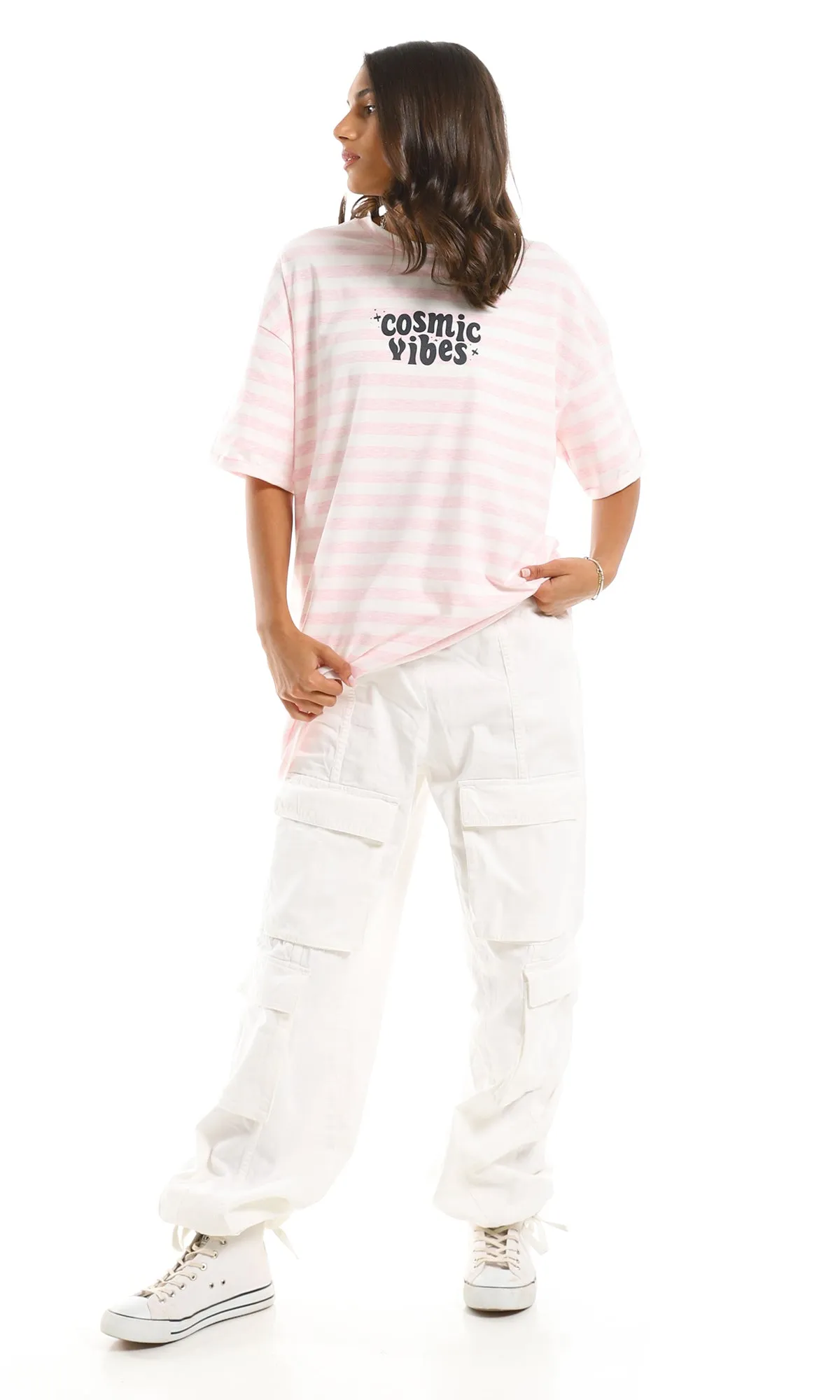 97623 Knee Length Relaxed Fit Tee Pink & White