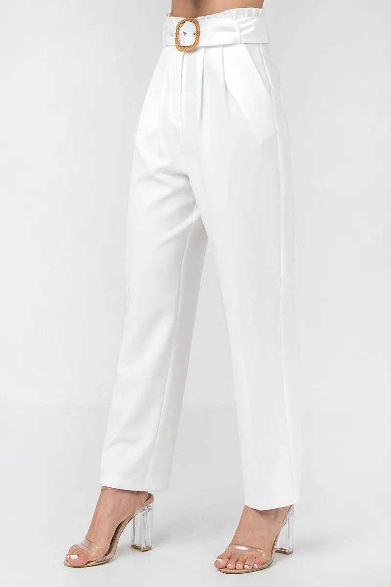 A Solid Pant Featuring Paperbag Waist With Rattan Buckle Belt