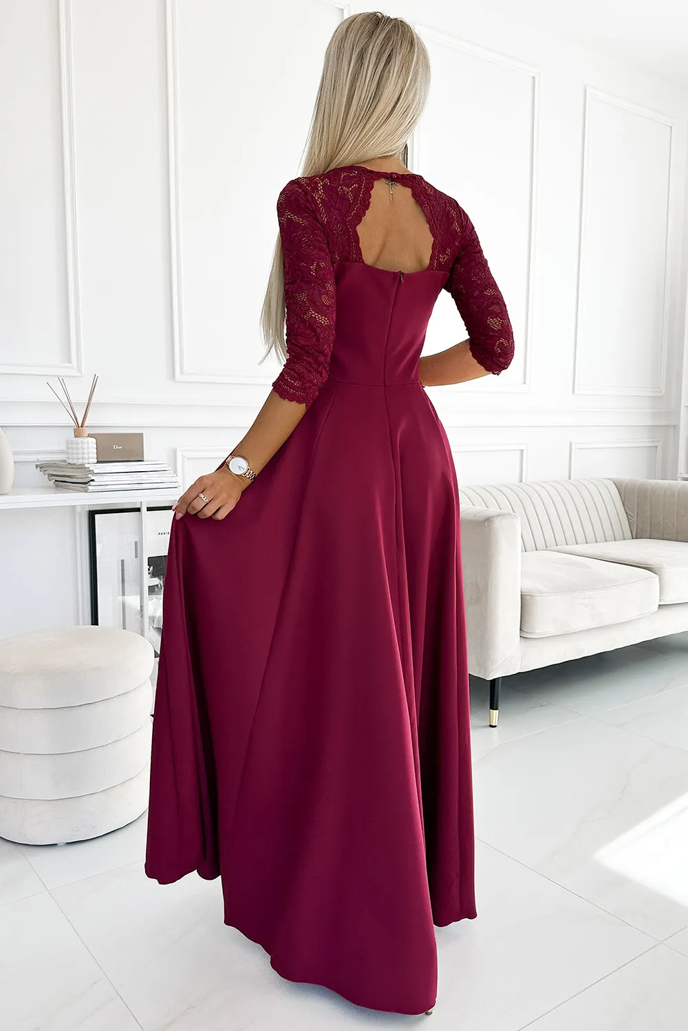 AMBER elegant long maxi dress with lace neckline - burgundy