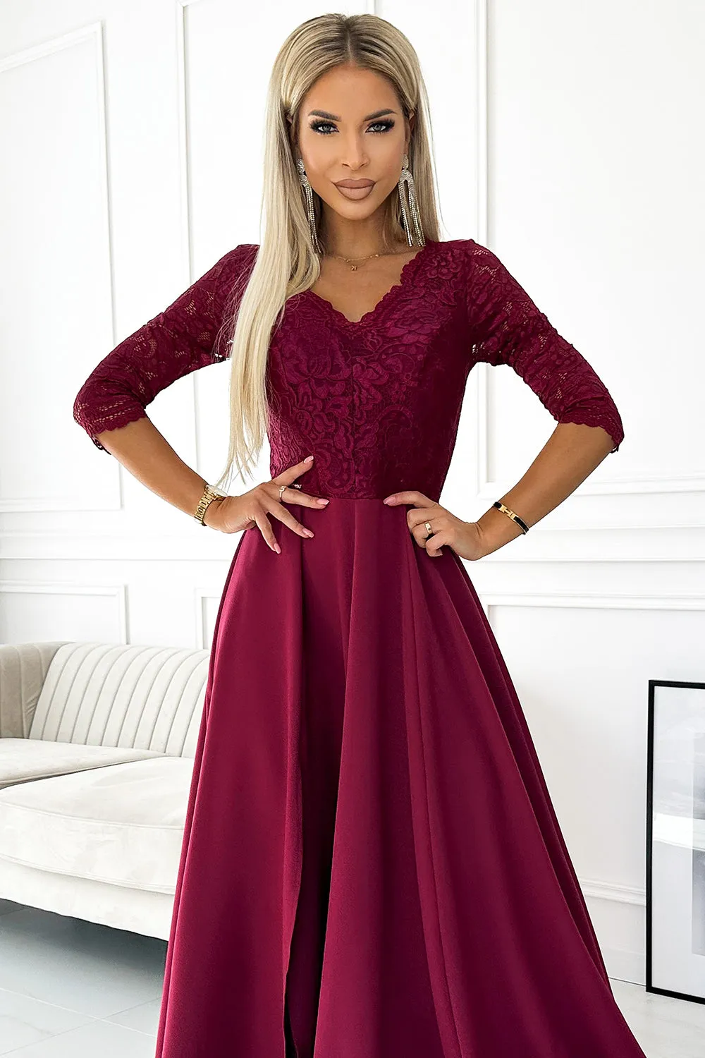 AMBER elegant long maxi dress with lace neckline - burgundy