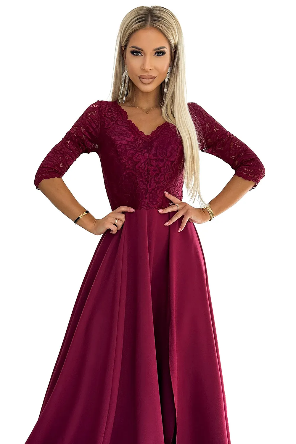 AMBER elegant long maxi dress with lace neckline - burgundy