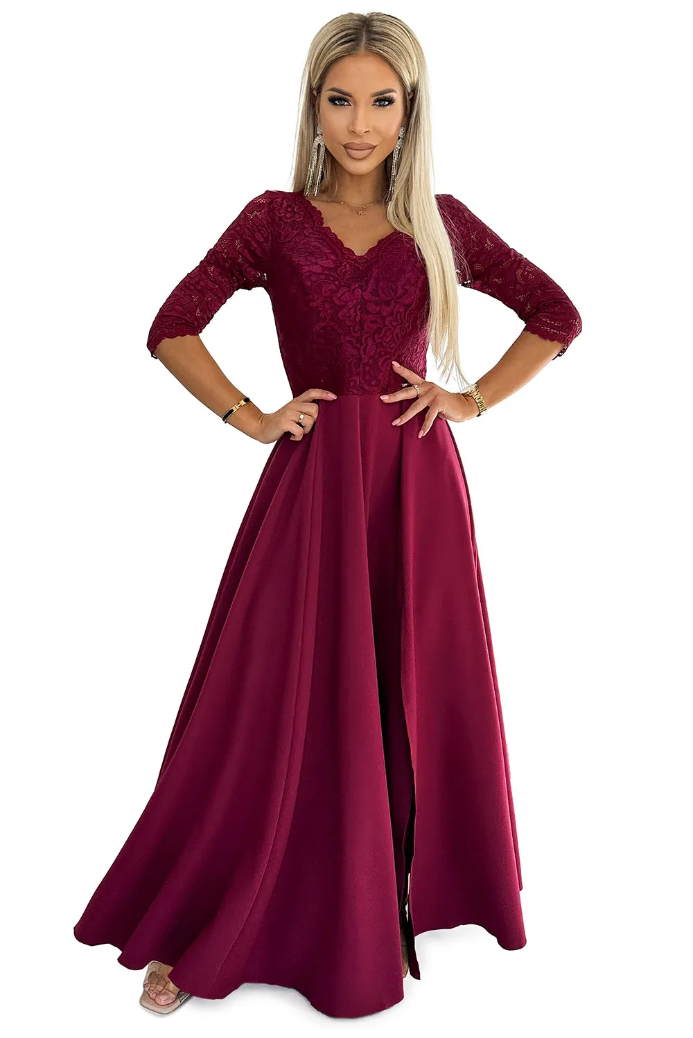 AMBER elegant long maxi dress with lace neckline - burgundy