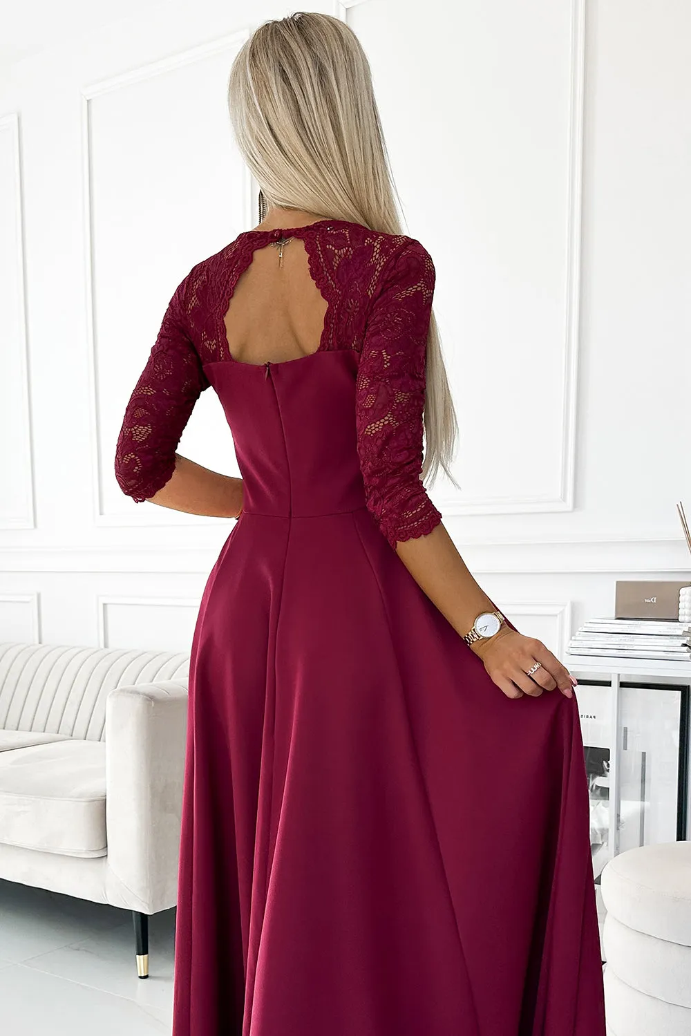 AMBER elegant long maxi dress with lace neckline - burgundy