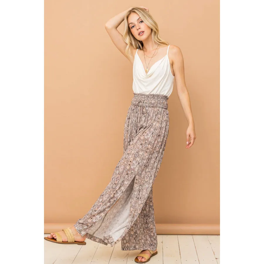 And The Why Printed Smocked Waist Slit Wide Leg Pants