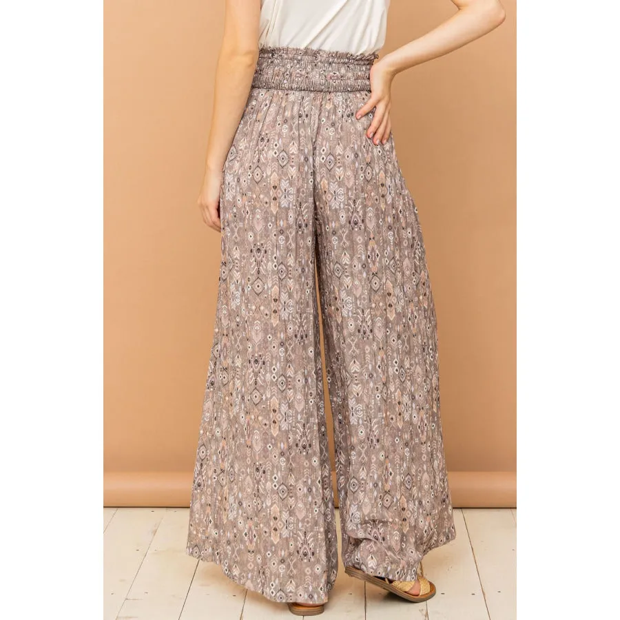 And The Why Printed Smocked Waist Slit Wide Leg Pants