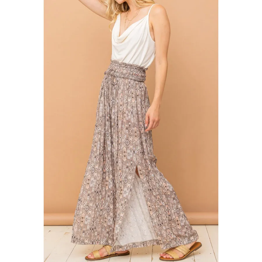 And The Why Printed Smocked Waist Slit Wide Leg Pants