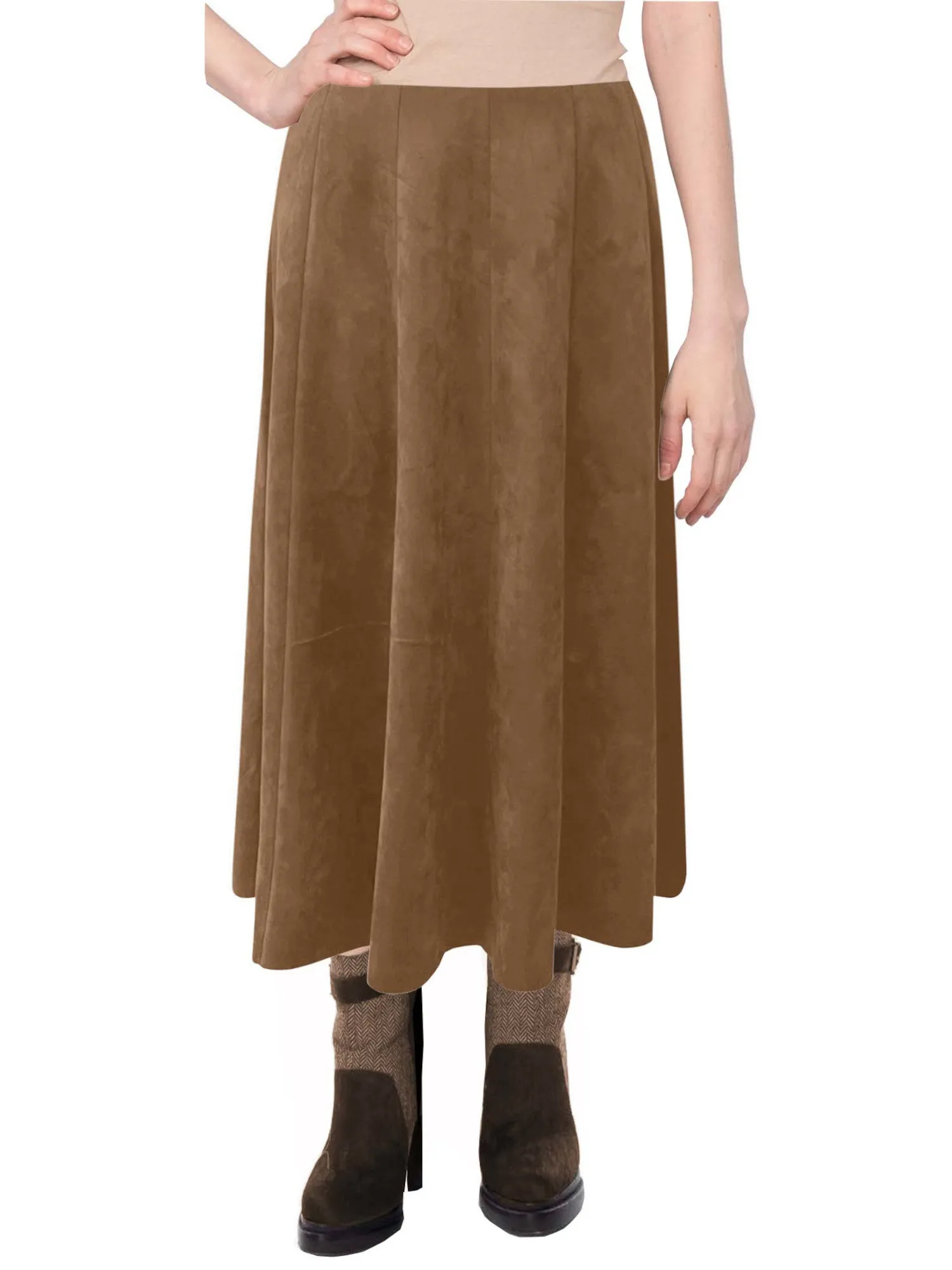 Baby'O Womens Midi Length Faux Suede Western Style Stretch Panel Flare Skirt