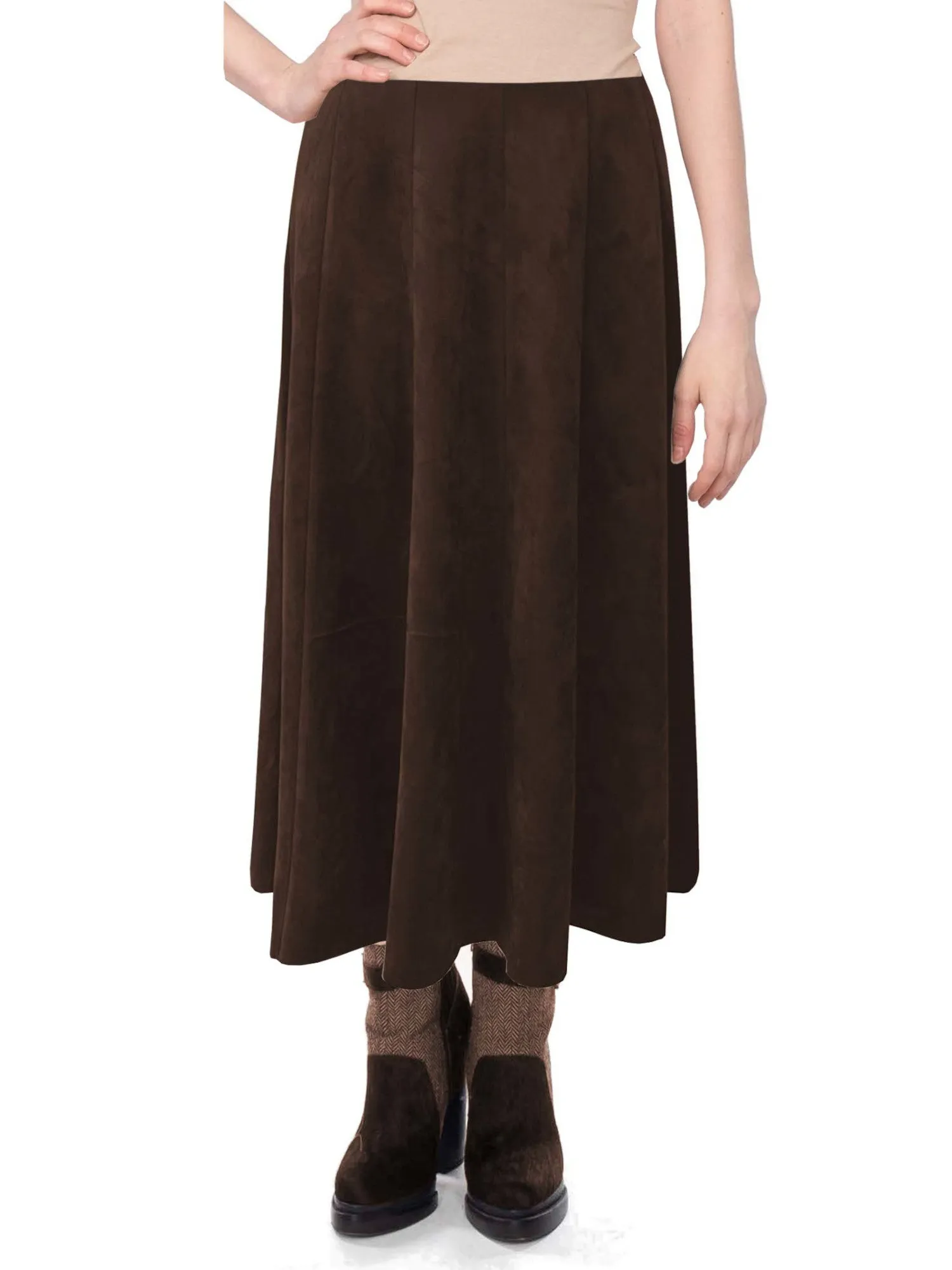 Baby'O Womens Midi Length Faux Suede Western Style Stretch Panel Flare Skirt