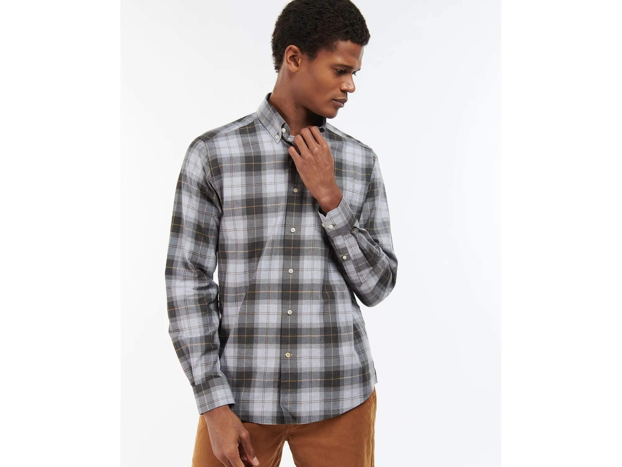 Barbour Wetheram Grey & Camel Tartan Plaid Button Down Collar Shirt in Tailored Fit