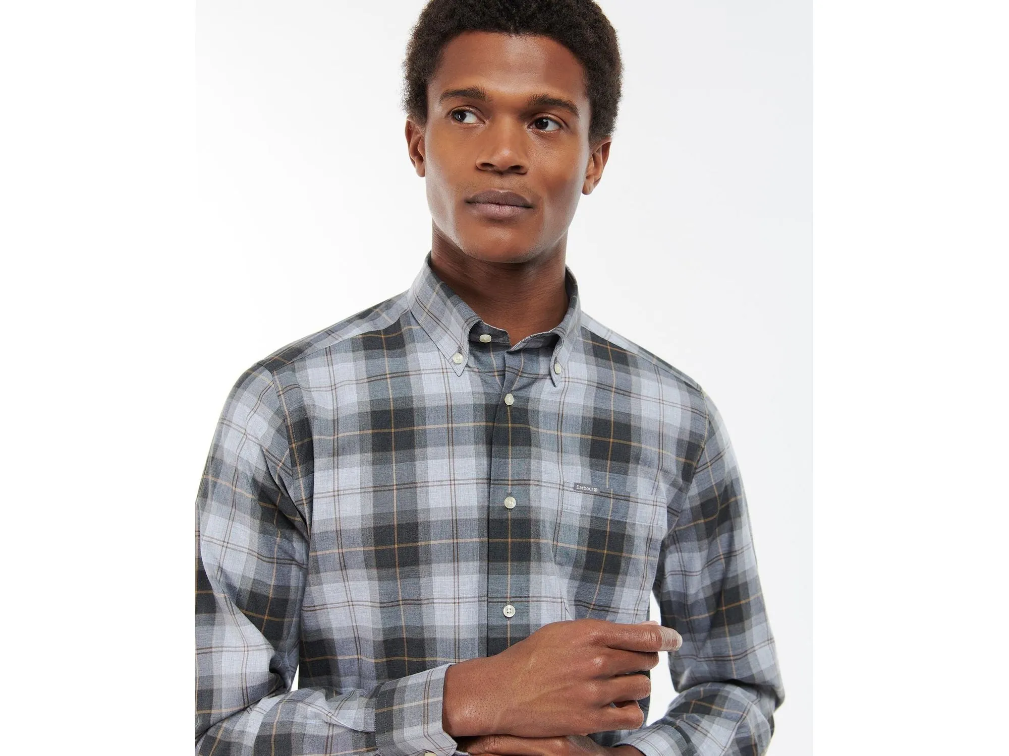 Barbour Wetheram Grey & Camel Tartan Plaid Button Down Collar Shirt in Tailored Fit