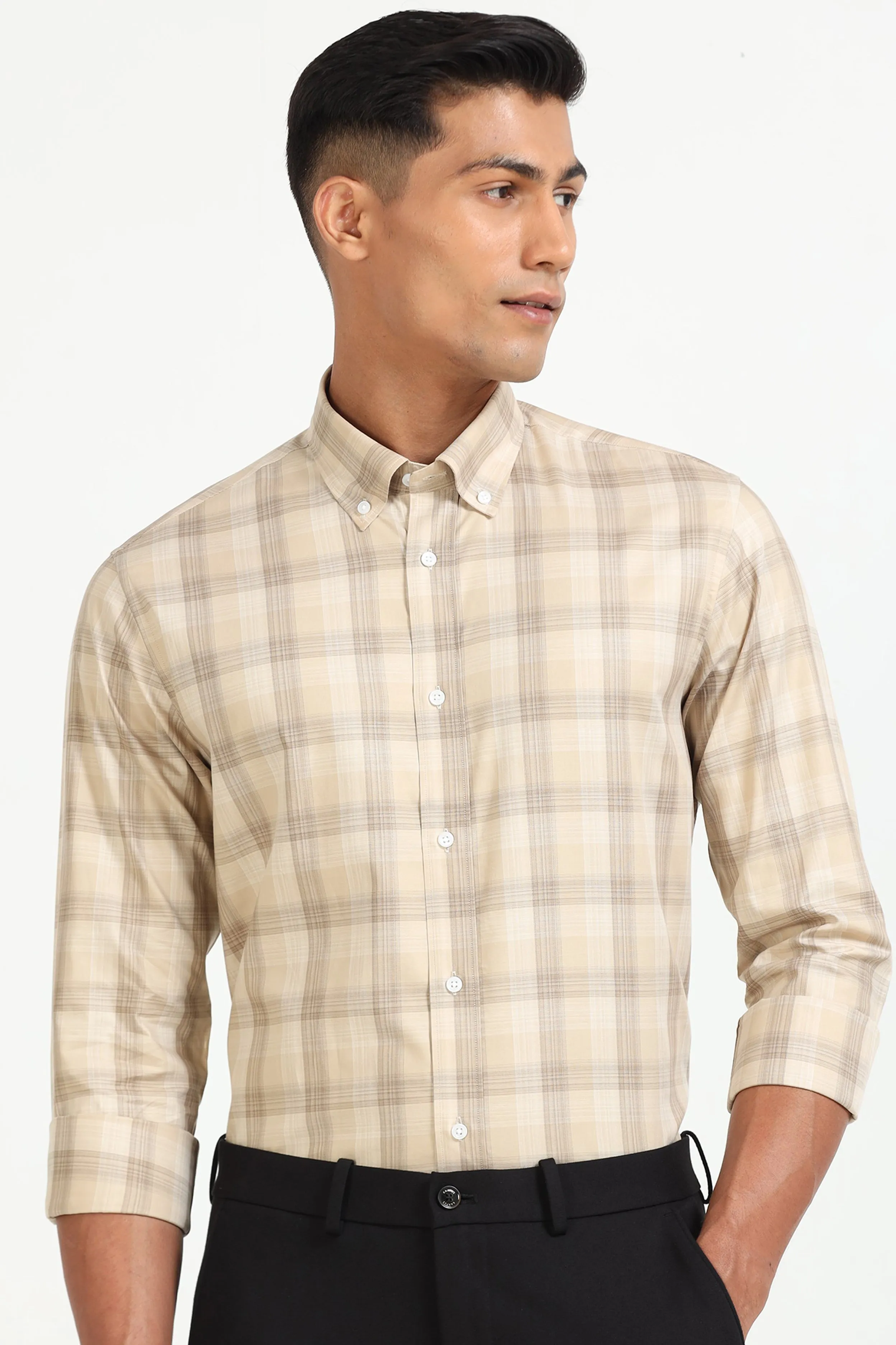 Beige Plaid Button-Down Shirt