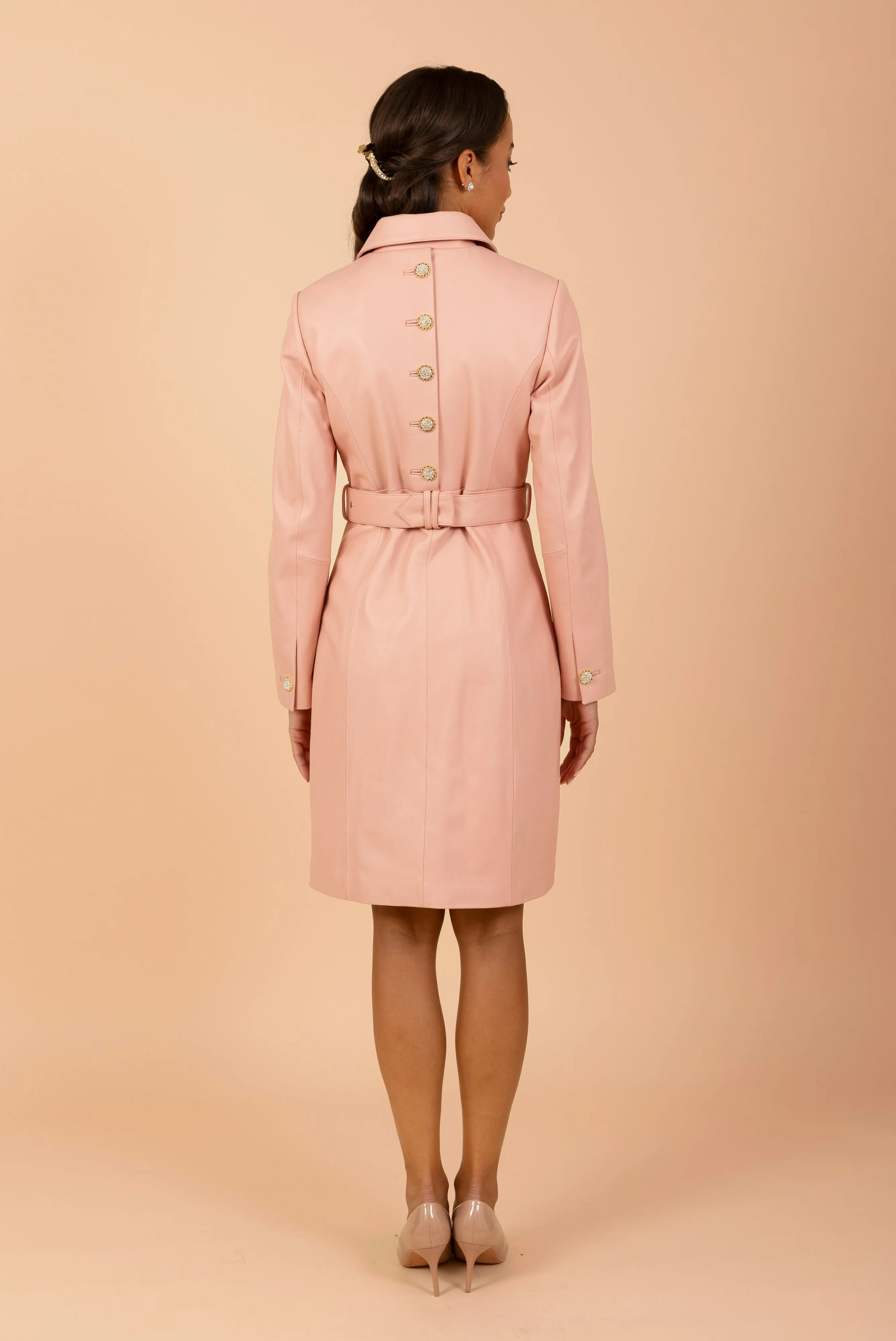 'Bellucci' Belted Leather Coat in Rosa