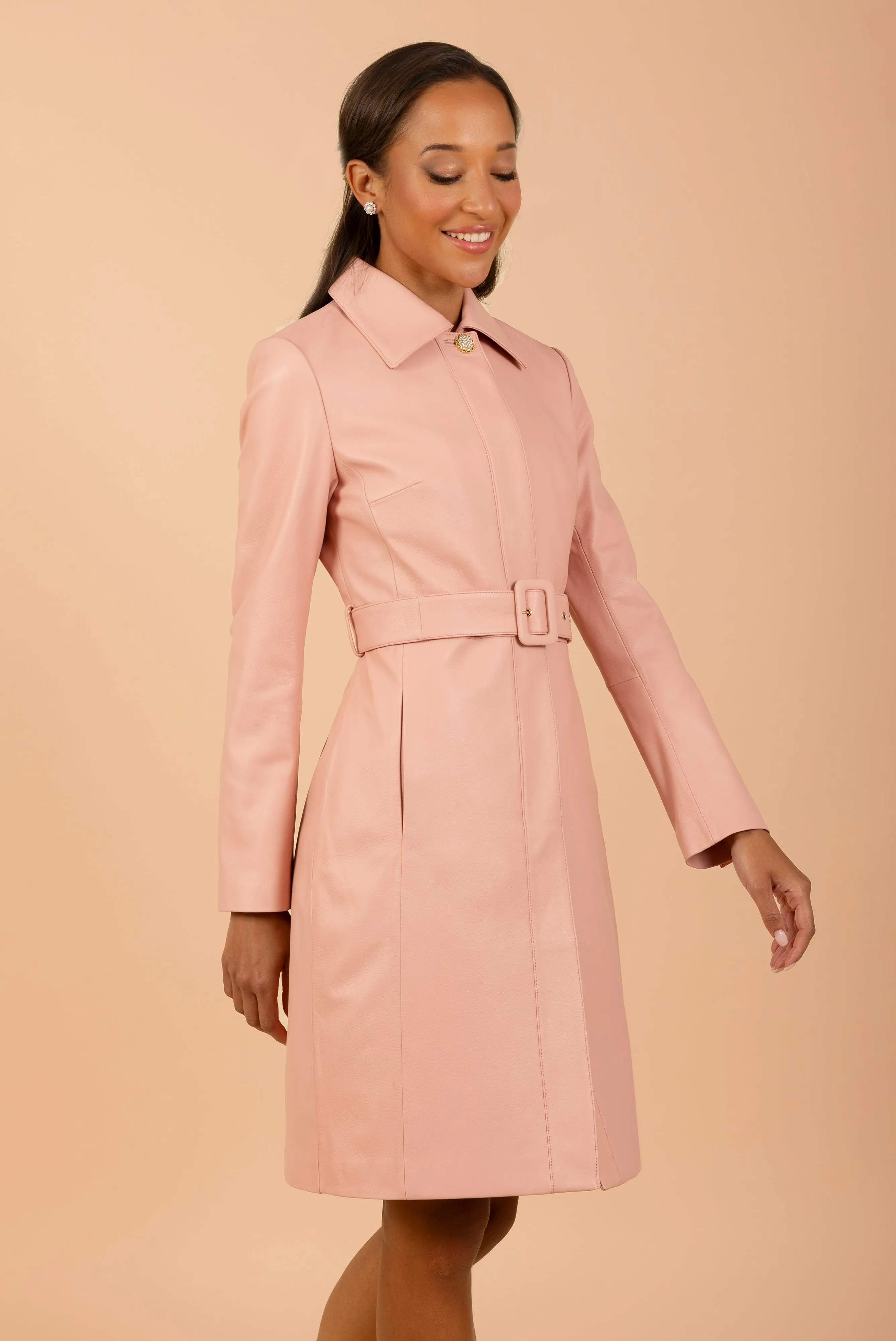 'Bellucci' Belted Leather Coat in Rosa