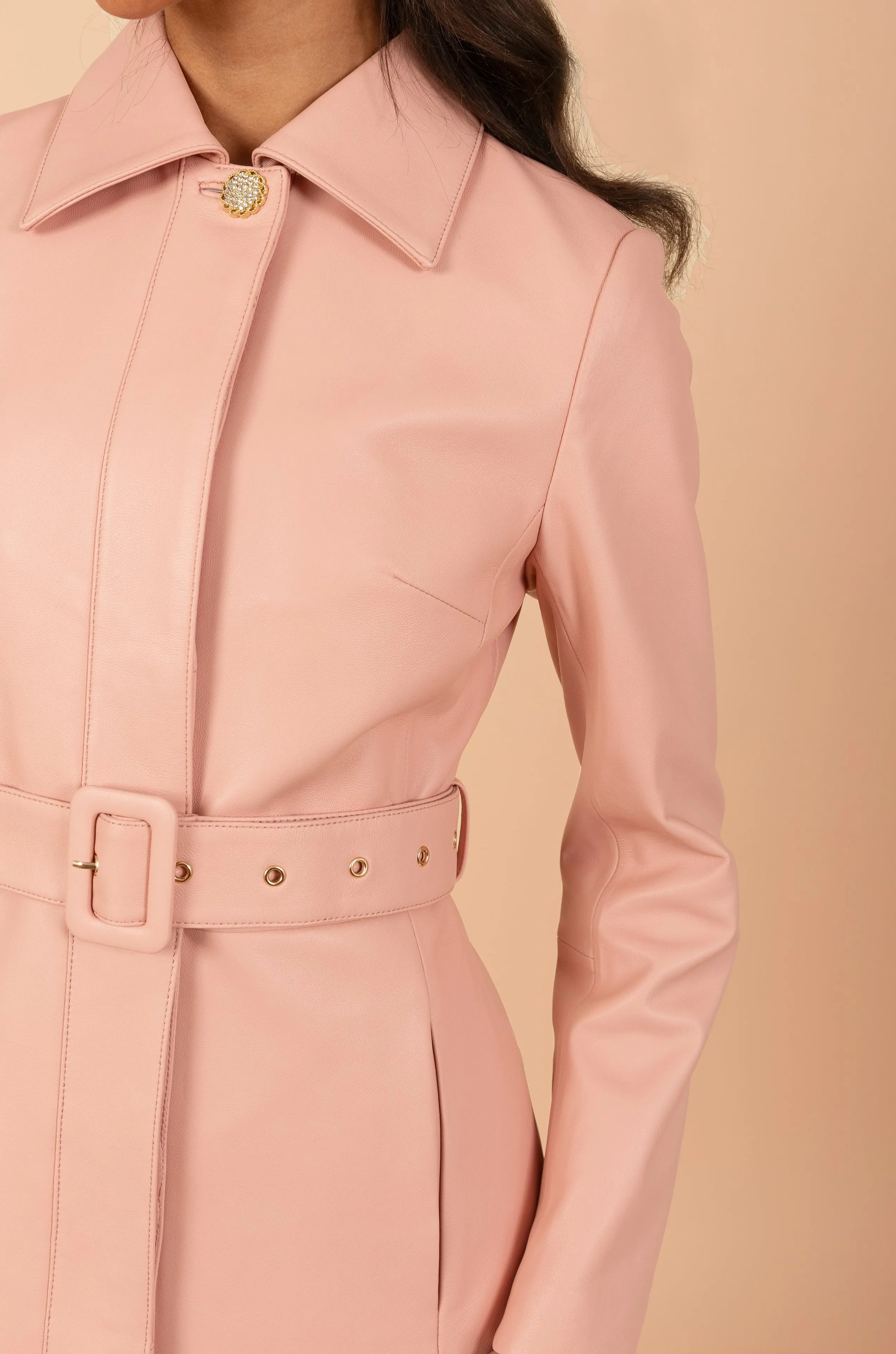 'Bellucci' Belted Leather Coat in Rosa