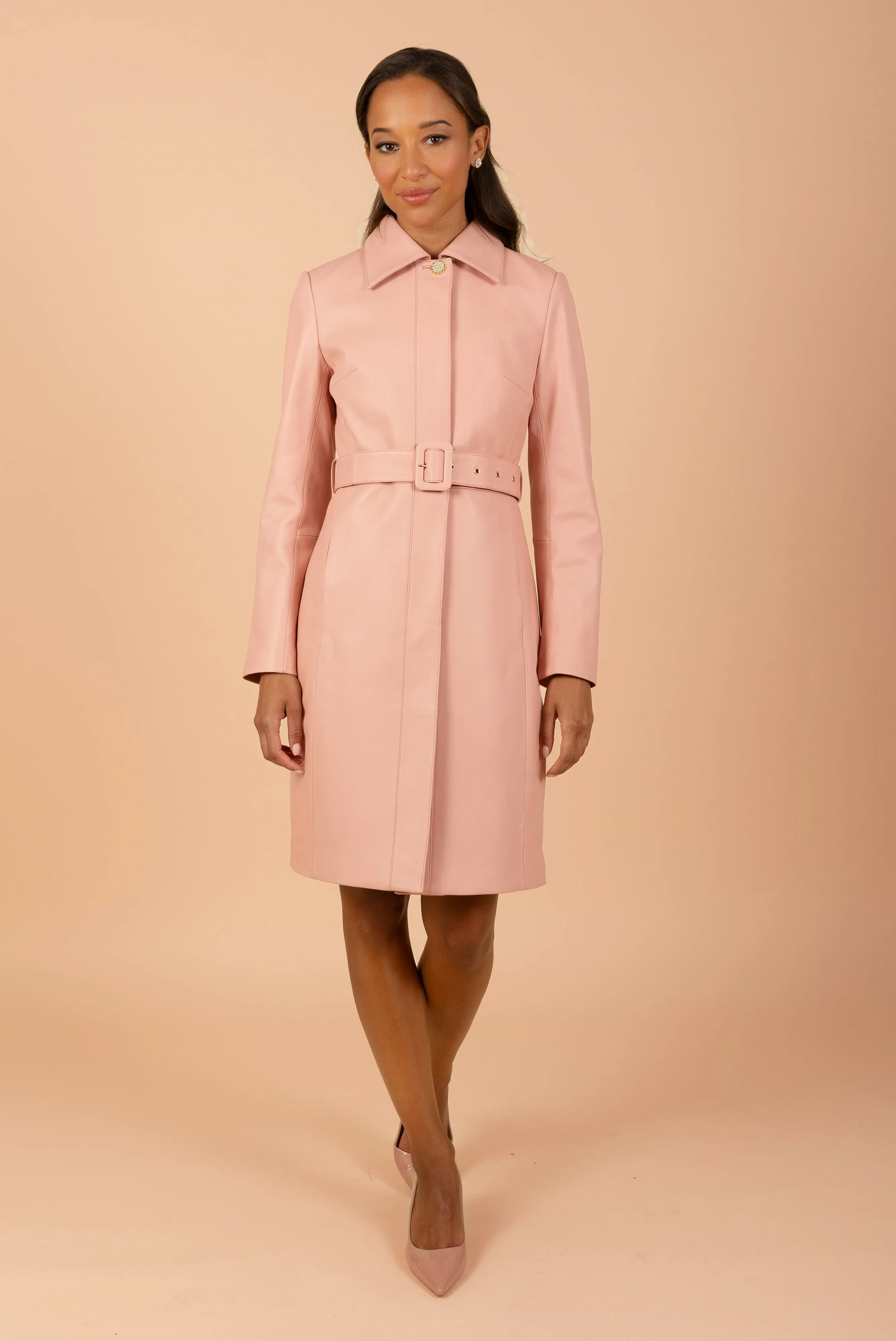 'Bellucci' Belted Leather Coat in Rosa