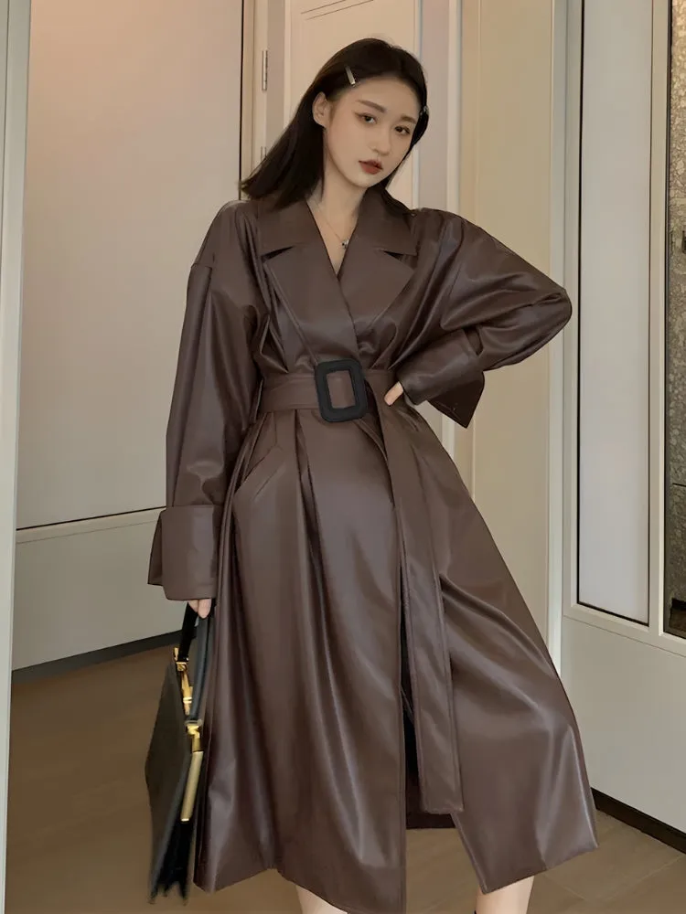 Belted Faux Leather Coat