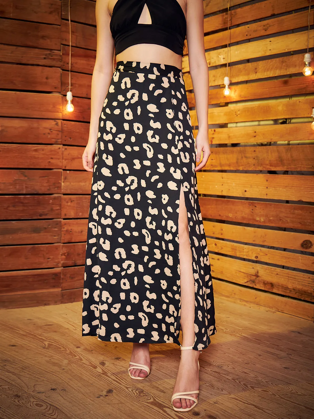 Berrylush Women Black & Beige Animal Print High-Rise Waist Thigh-High Slit Flared A-Line Midi Skirt