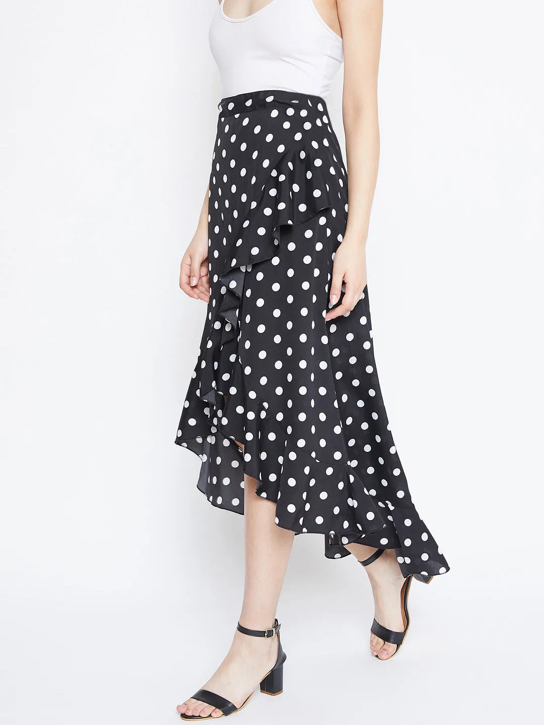 Berrylush Women Black Polka Dot Print Ruffled Wrap Midi Skirt