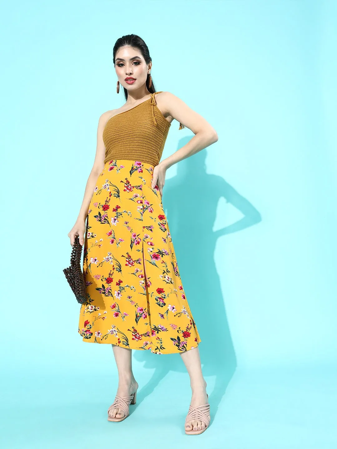 Berrylush Women Yellow Floral Printed Thigh-Slit Flared Midi Skirt