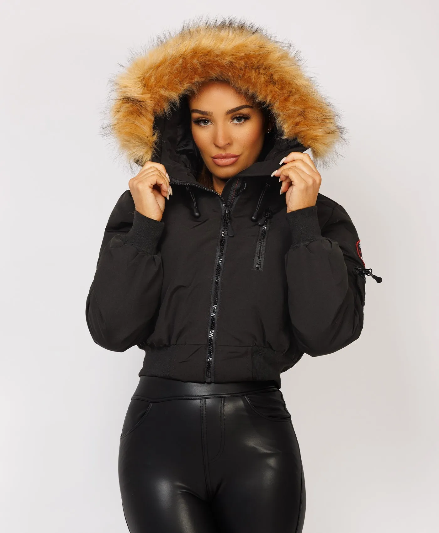 Black Canada Cropped Bomber Jacket With Fur Hood