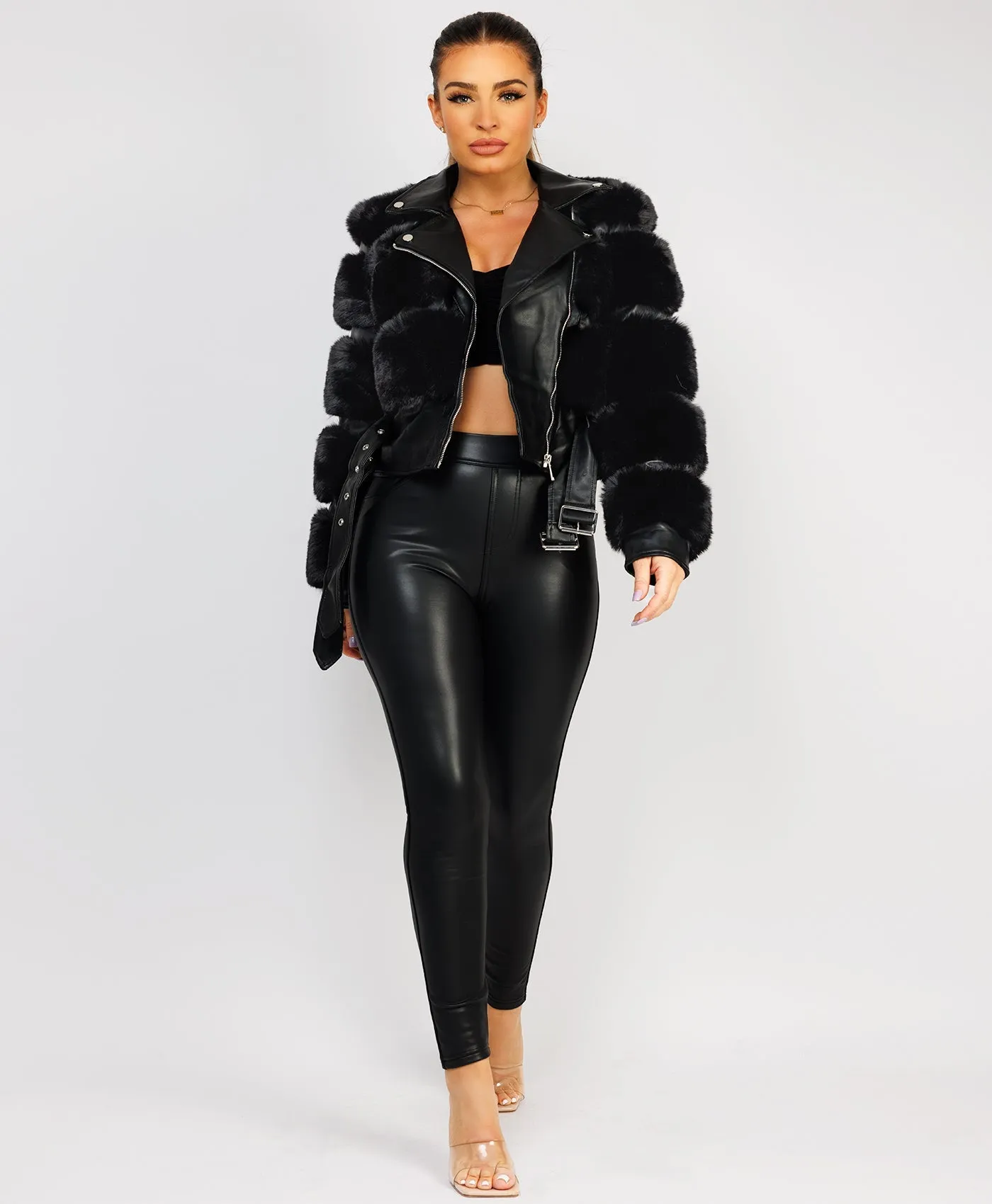 Black Faux Fur Vegan Leather Belted Biker Jacket