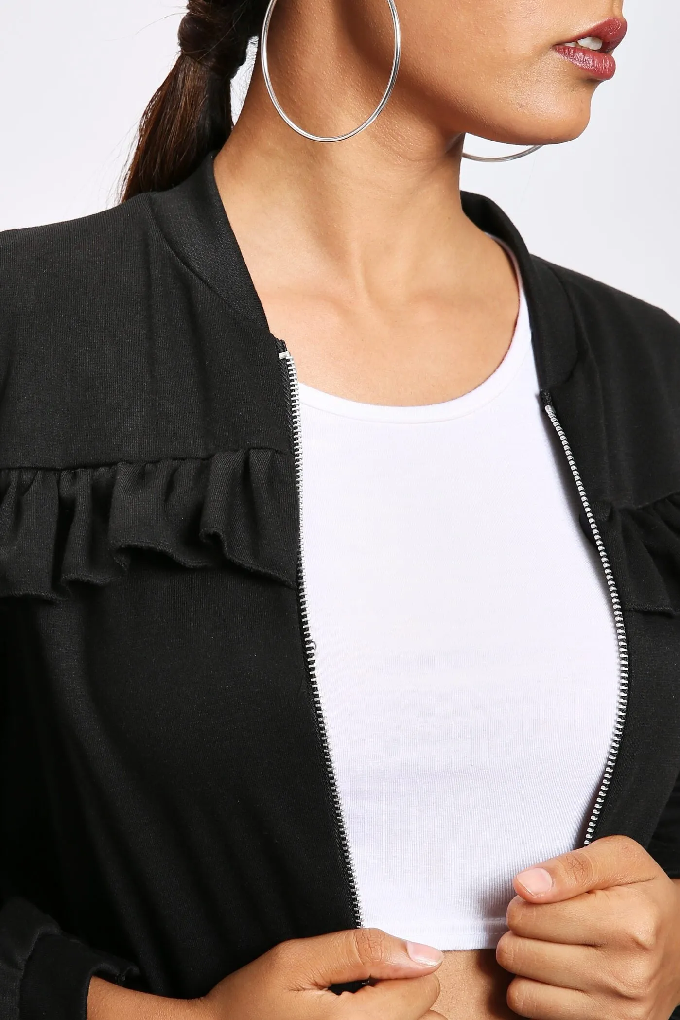 Black Frill Detail Bomber Jacket