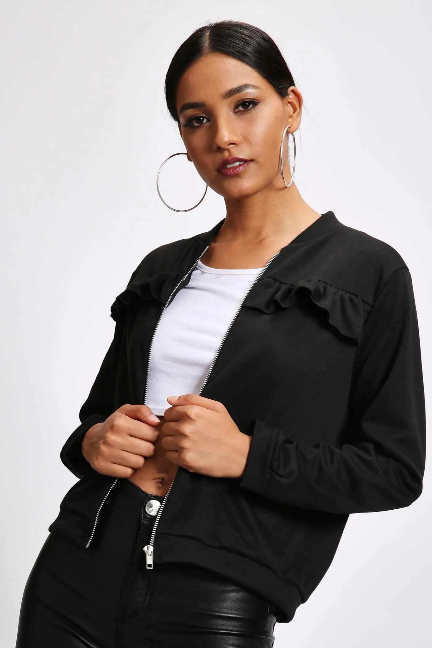 Black Frill Detail Bomber Jacket