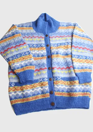 Blue and Yellow Mixed Multicolor Hand Knitted Pure Woolen Cardigan Sweater