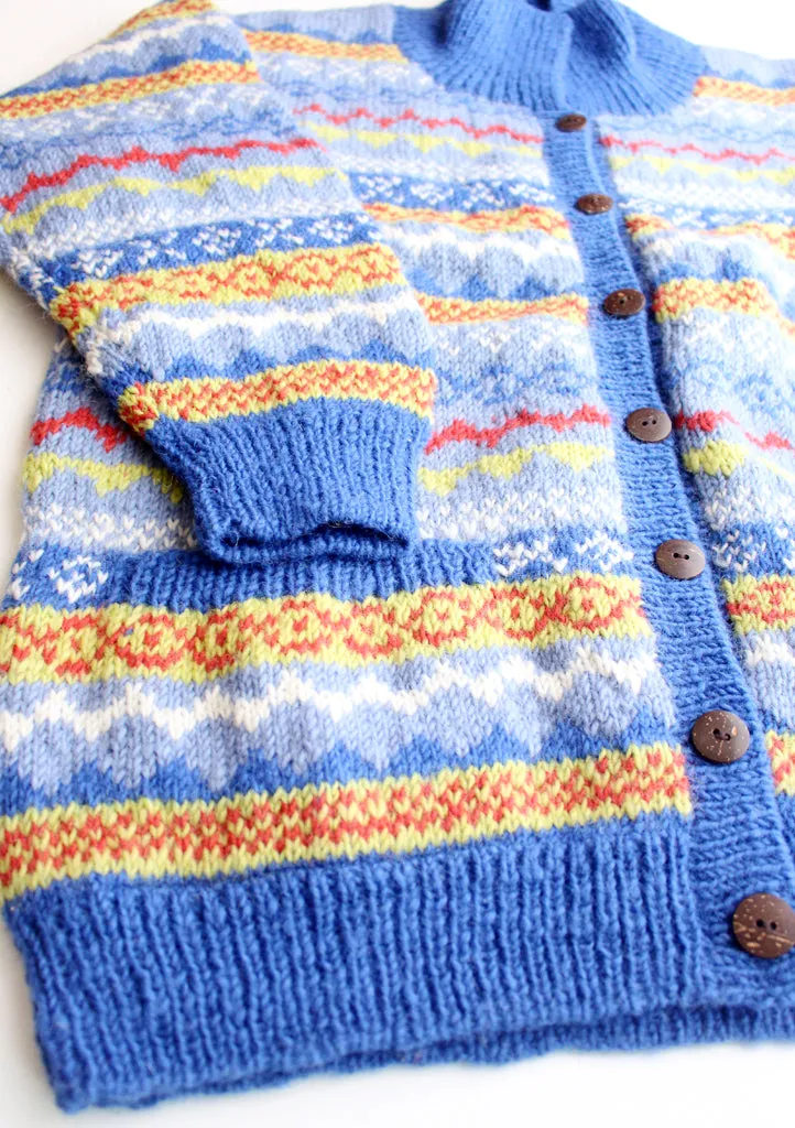 Blue and Yellow Mixed Multicolor Hand Knitted Pure Woolen Cardigan Sweater