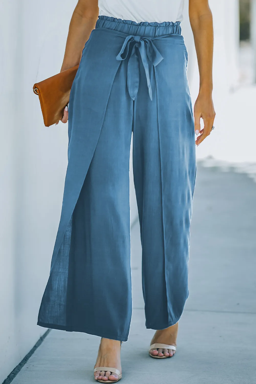 Blue Tie Waist Wide Leg Pants for Ladies