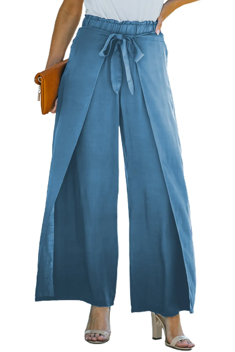 Blue Tie Waist Wide Leg Pants for Ladies