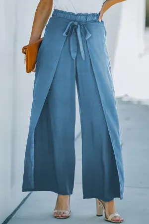 Blue Tie Waist Wide Leg Pants for Ladies