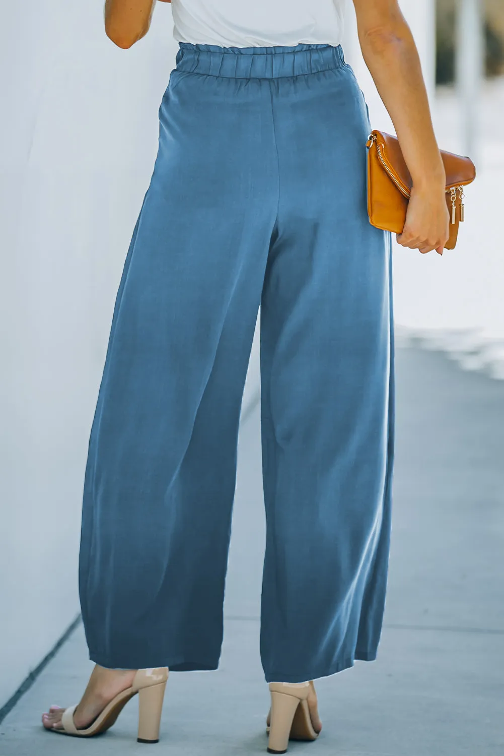 Blue Tie Waist Wide Leg Pants for Ladies