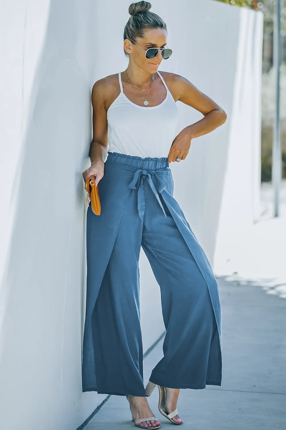 Blue Tie Waist Wide Leg Pants for Ladies