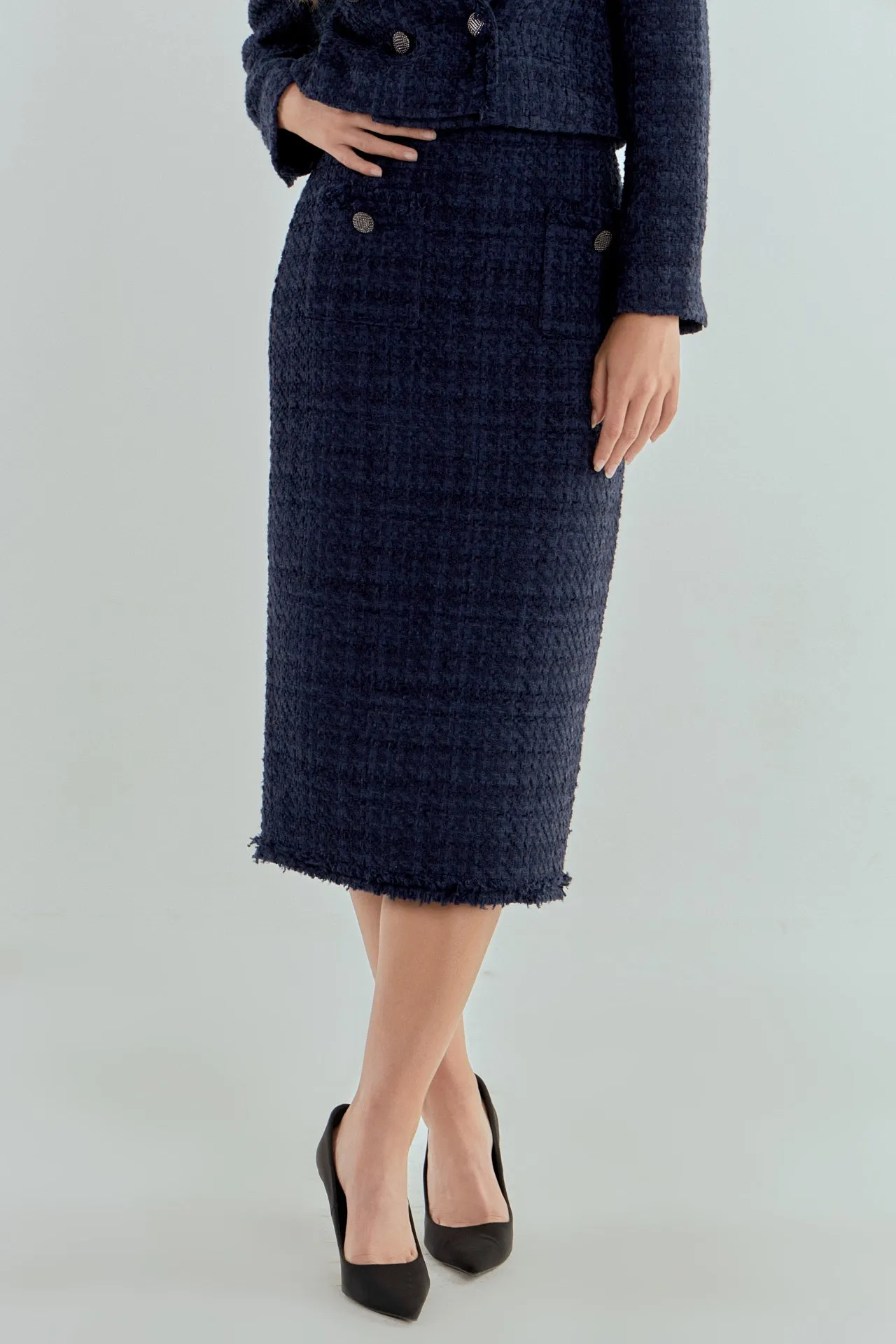 Boucle Tweed Trimmed Midi Skirt