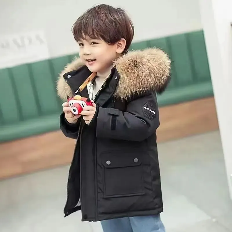 Boys Zipper Hooded Fur Collar Design Warm Jackets