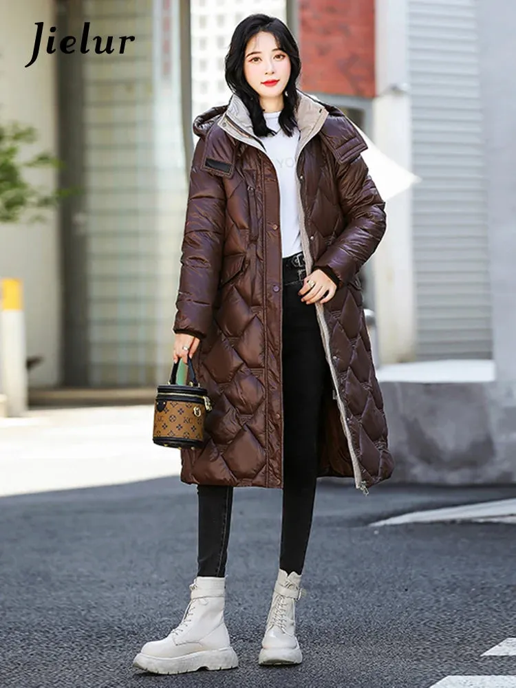 Bright Cotton Jackets for Women Winter Korean Parkas Female Fashion Mid Long Slim Warm White Cofee Khaki Coat Female