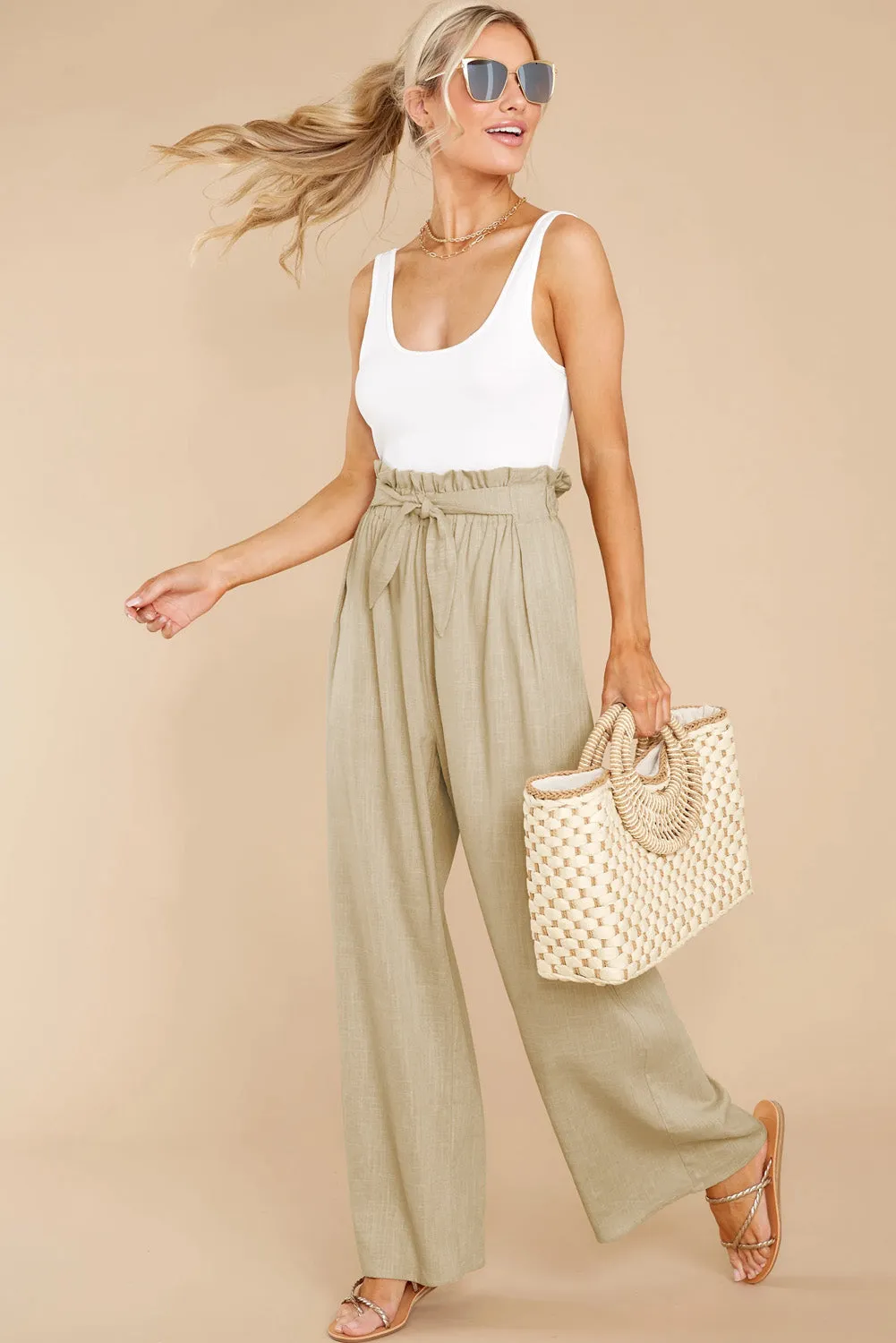 Casual High Rise Paperbag Waist Wide Leg Pants