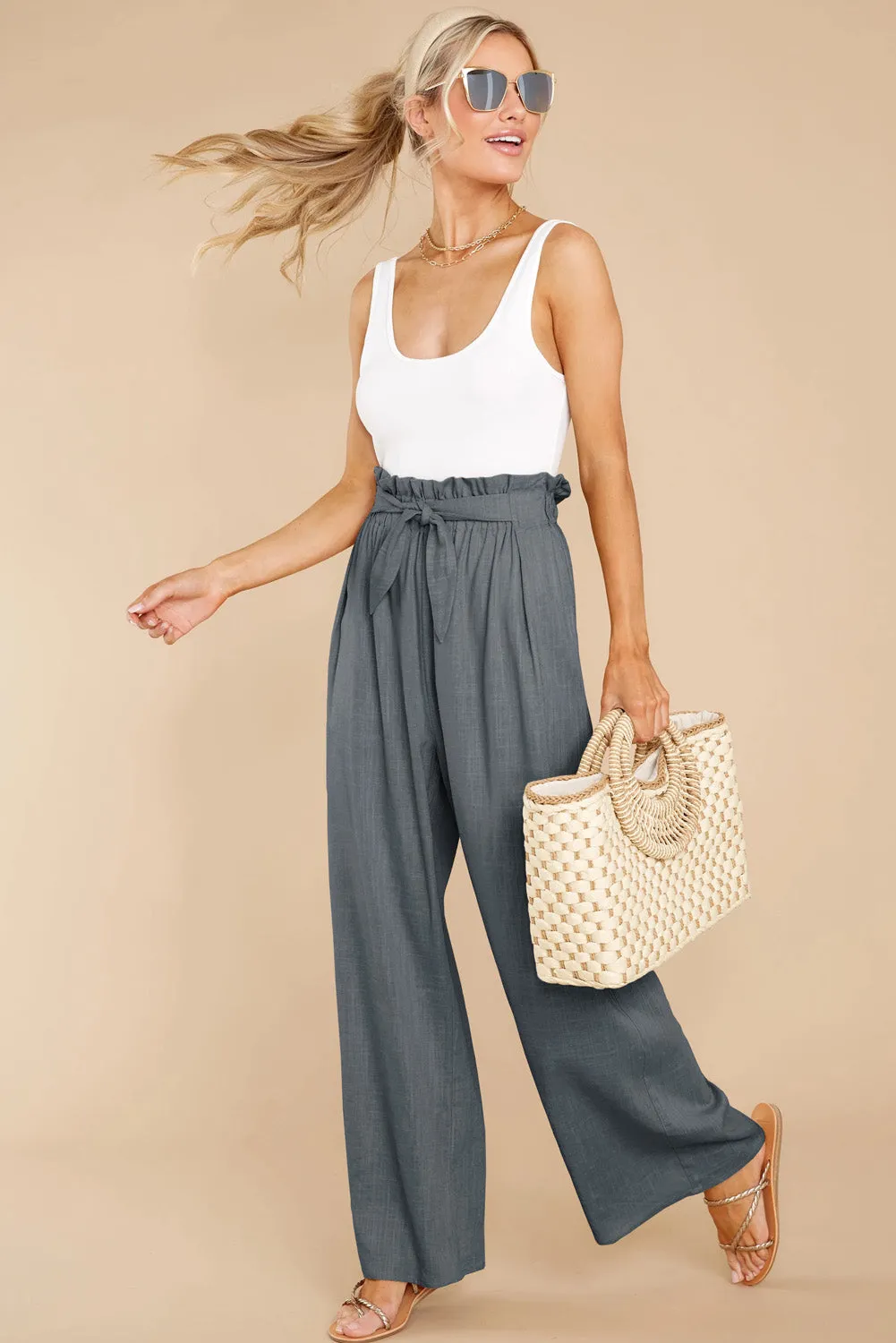 Casual High Rise Paperbag Waist Wide Leg Pants