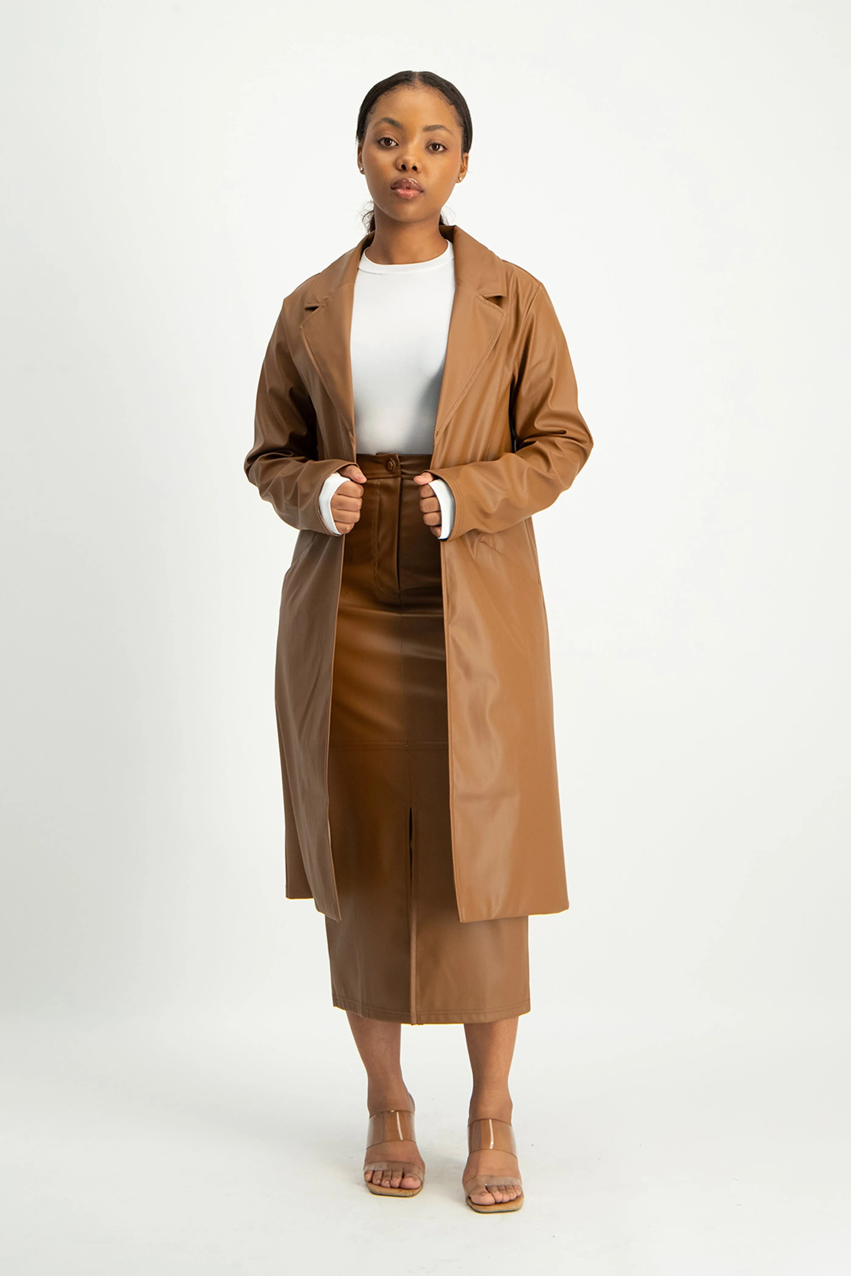 Cece Faux Leather Trench Coat - Brown