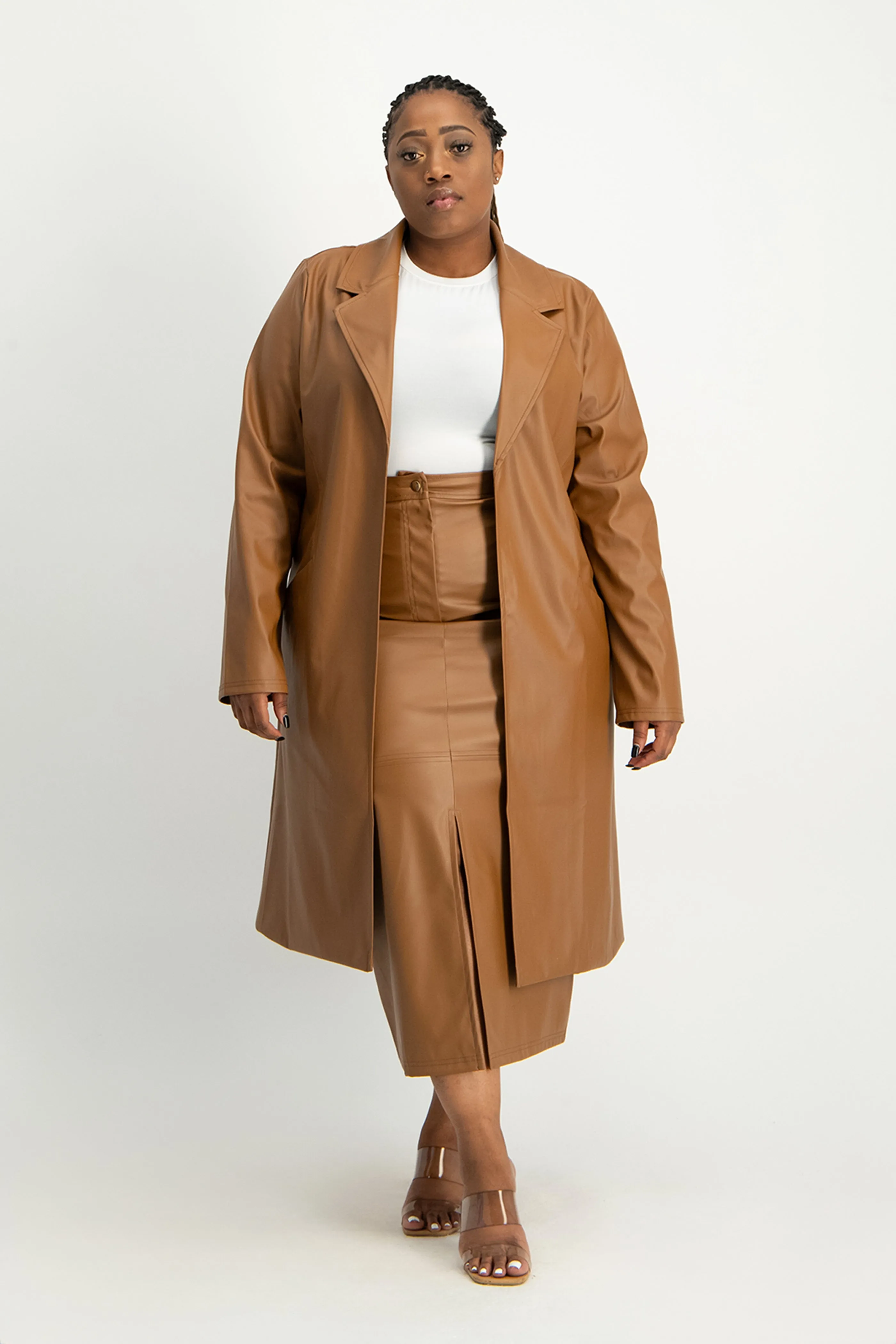 Cece Faux Leather Trench Coat - Brown