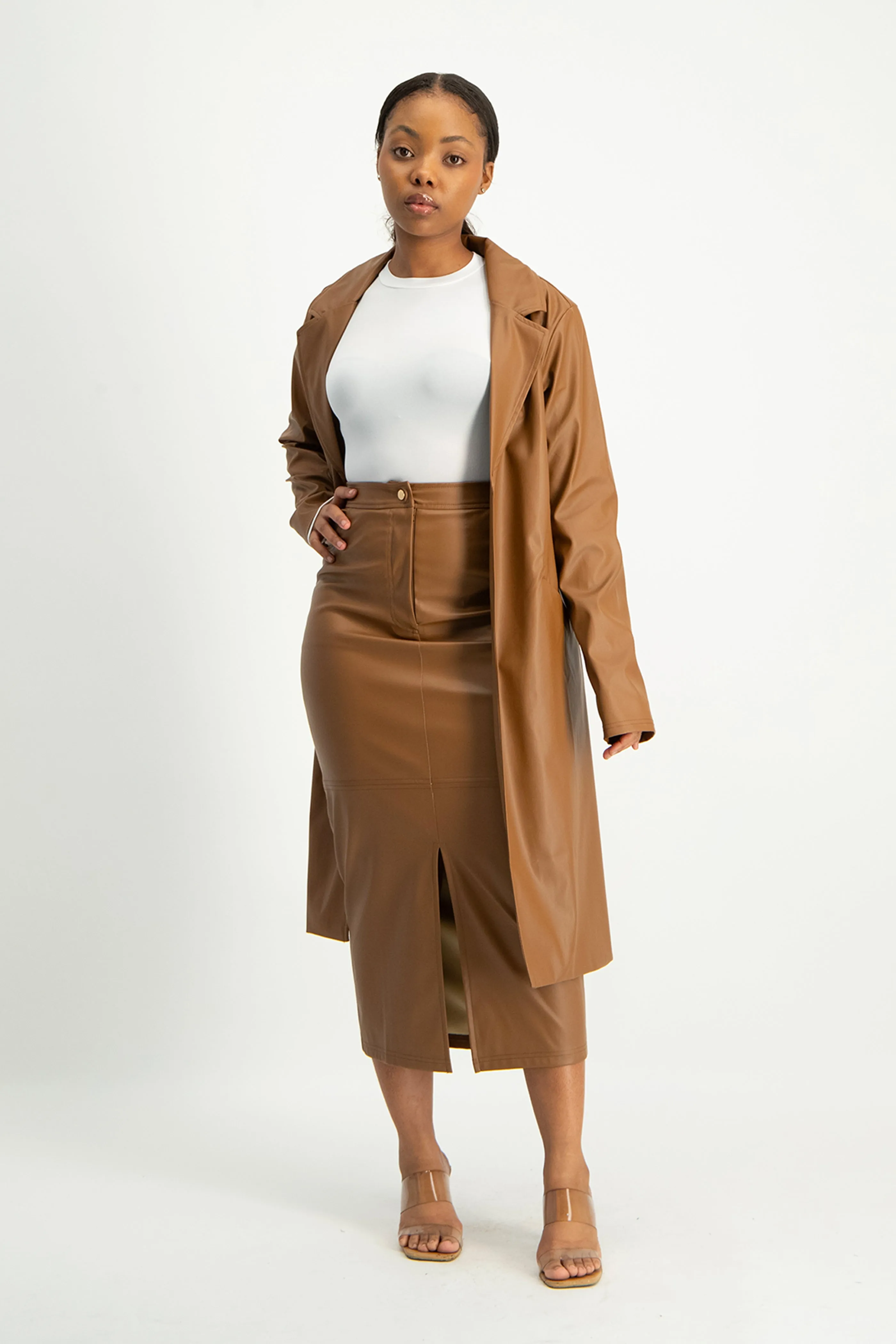 Cece Faux Leather Trench Coat - Brown