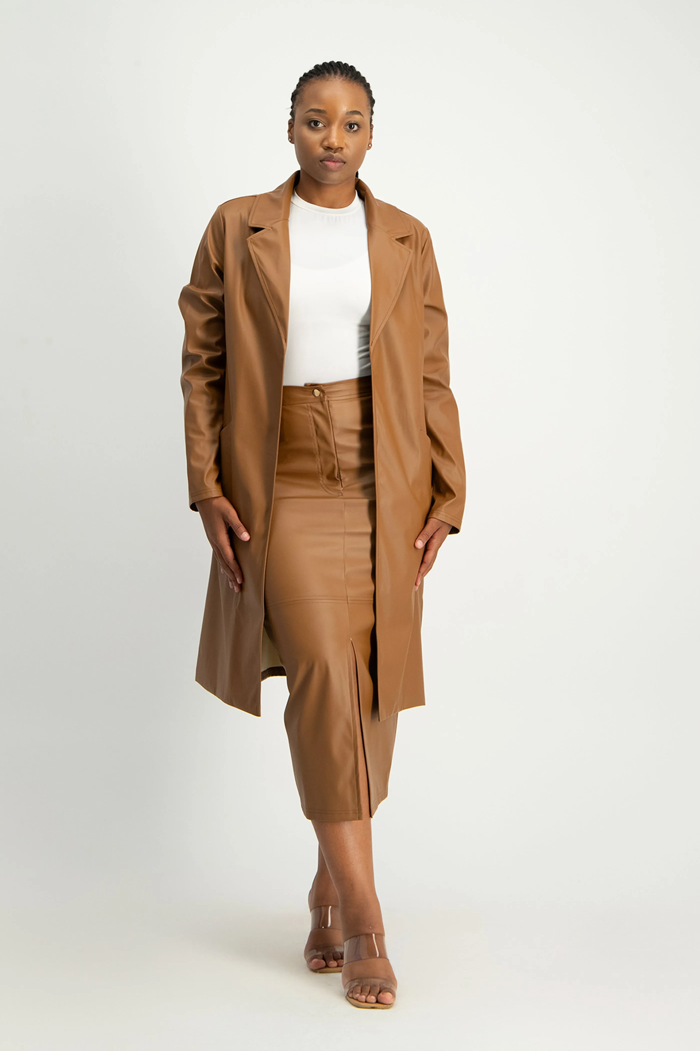 Cece Faux Leather Trench Coat - Brown