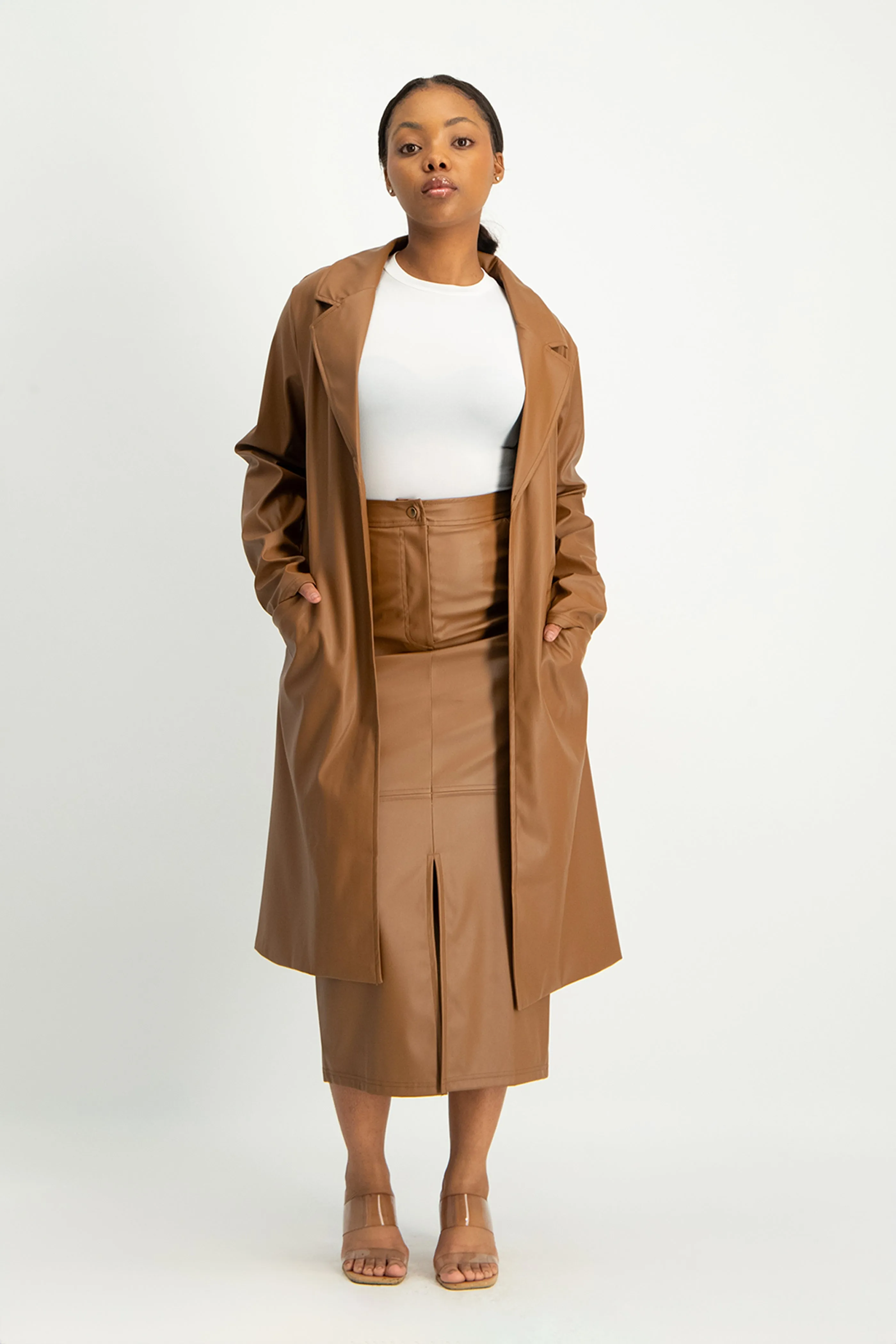 Cece Faux Leather Trench Coat - Brown