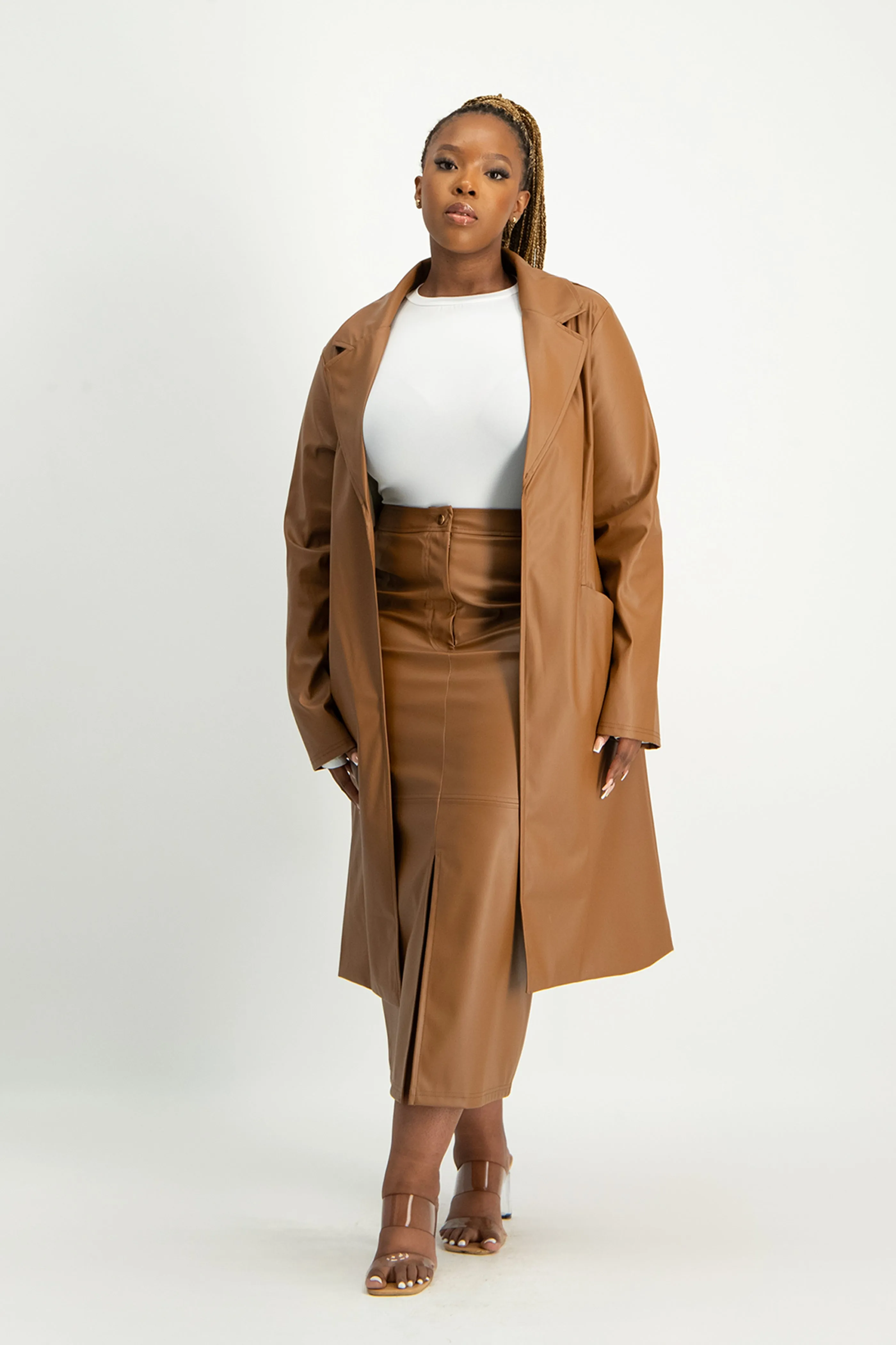 Cece Faux Leather Trench Coat - Brown