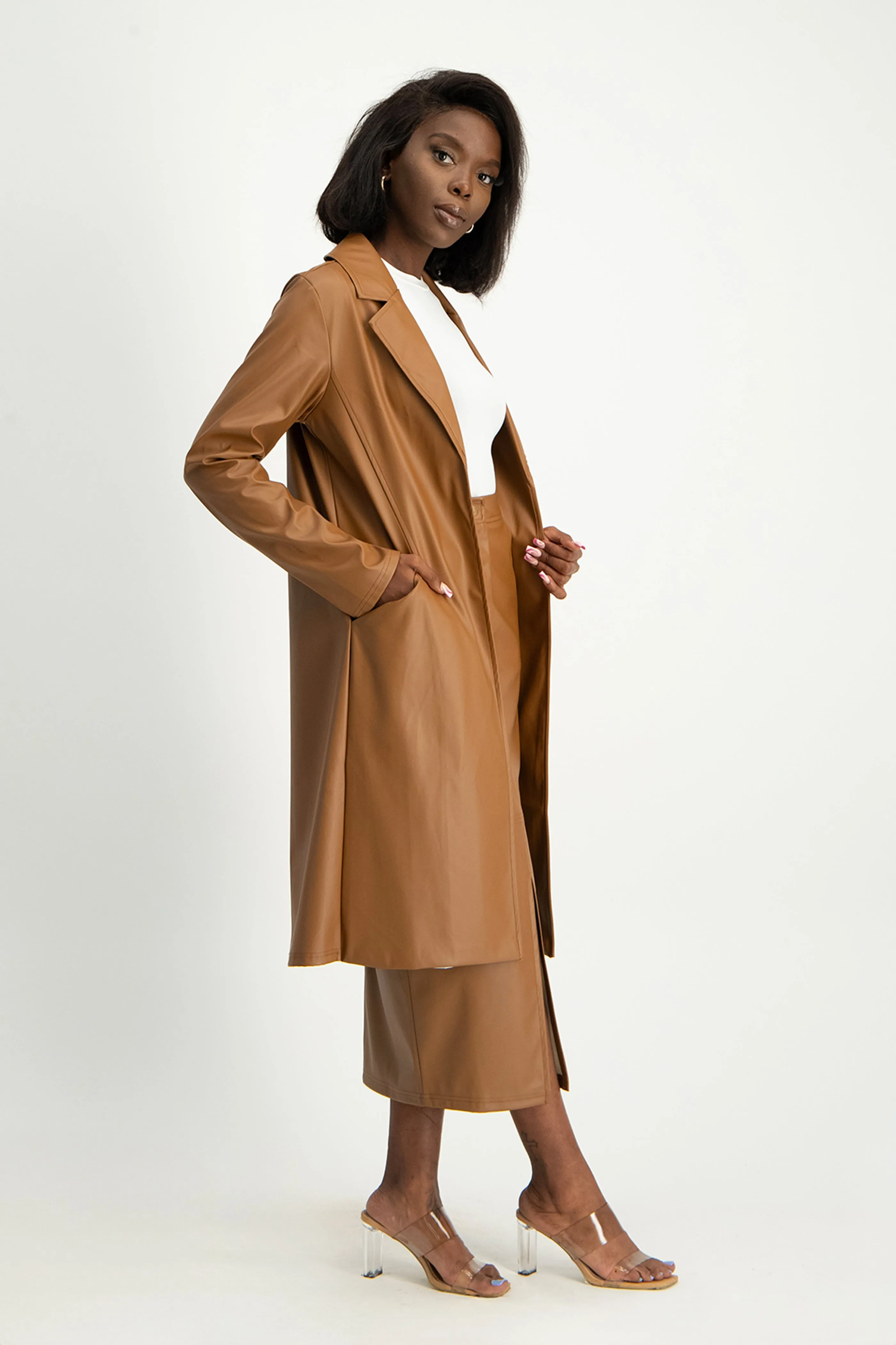 Cece Faux Leather Trench Coat - Brown