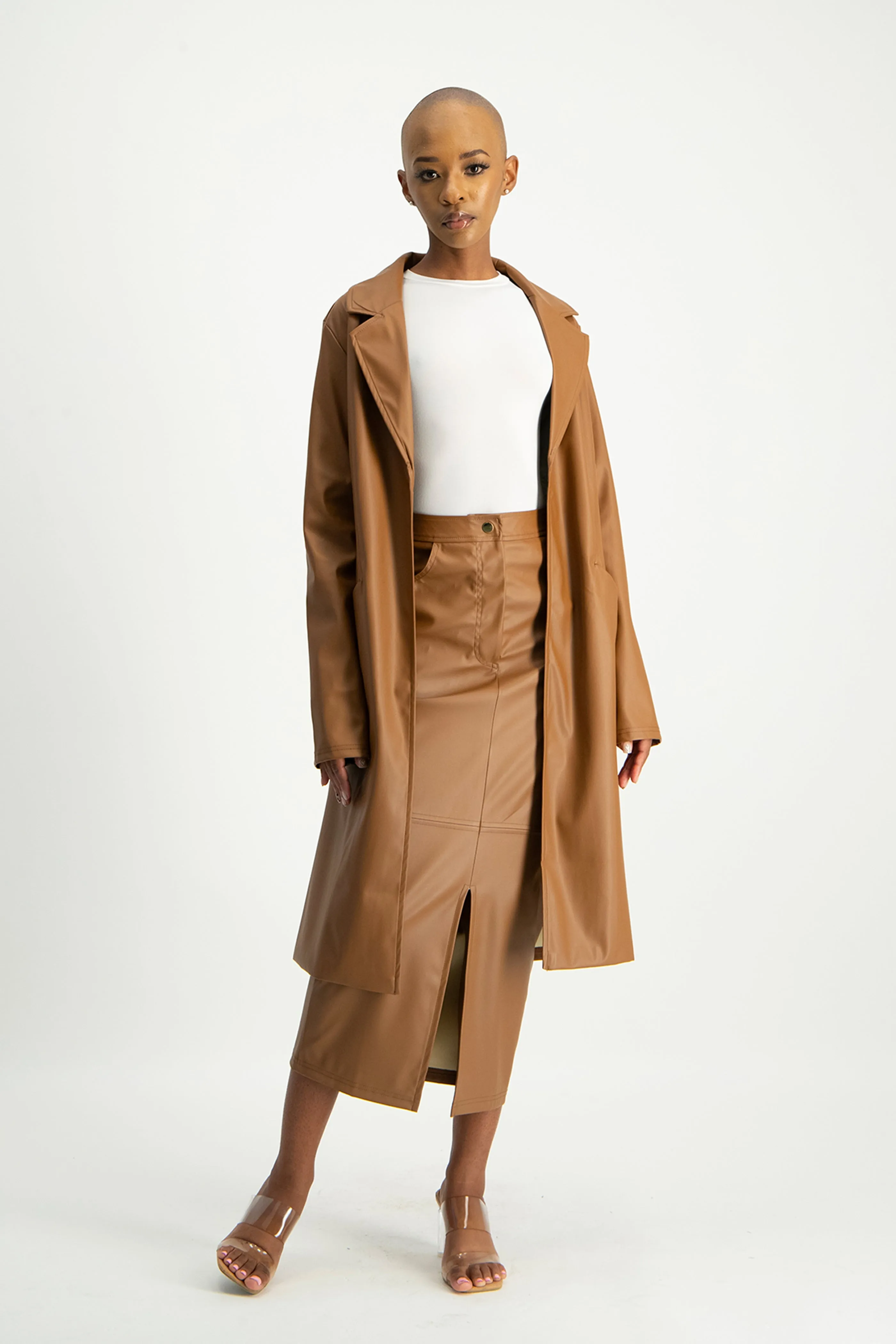 Cece Faux Leather Trench Coat - Brown